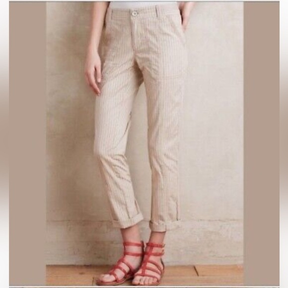Anthropologie Hei Hei Pants Khaki Cream Pin Striped Relaxed Pockets Size 28 - Picture 2 of 15